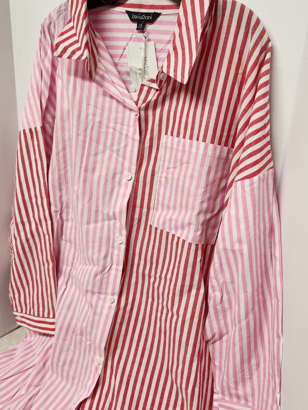 Davi & Dani Red Pink Striped Red Pink Colorbock Button Up Shirt Womens Sz 1XL - Picture 2 of 8